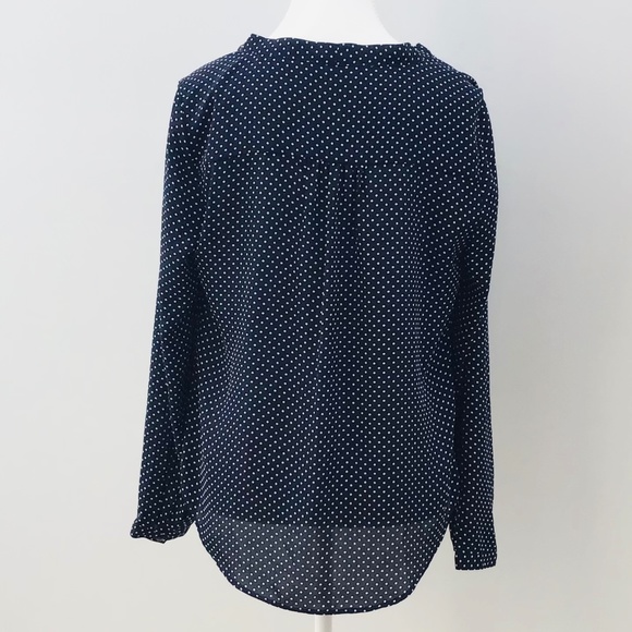 SPORTSGIRL size 10 long sleeved blouse, gathered V neck, dark blue w/white dots - Picture 5 of 8
